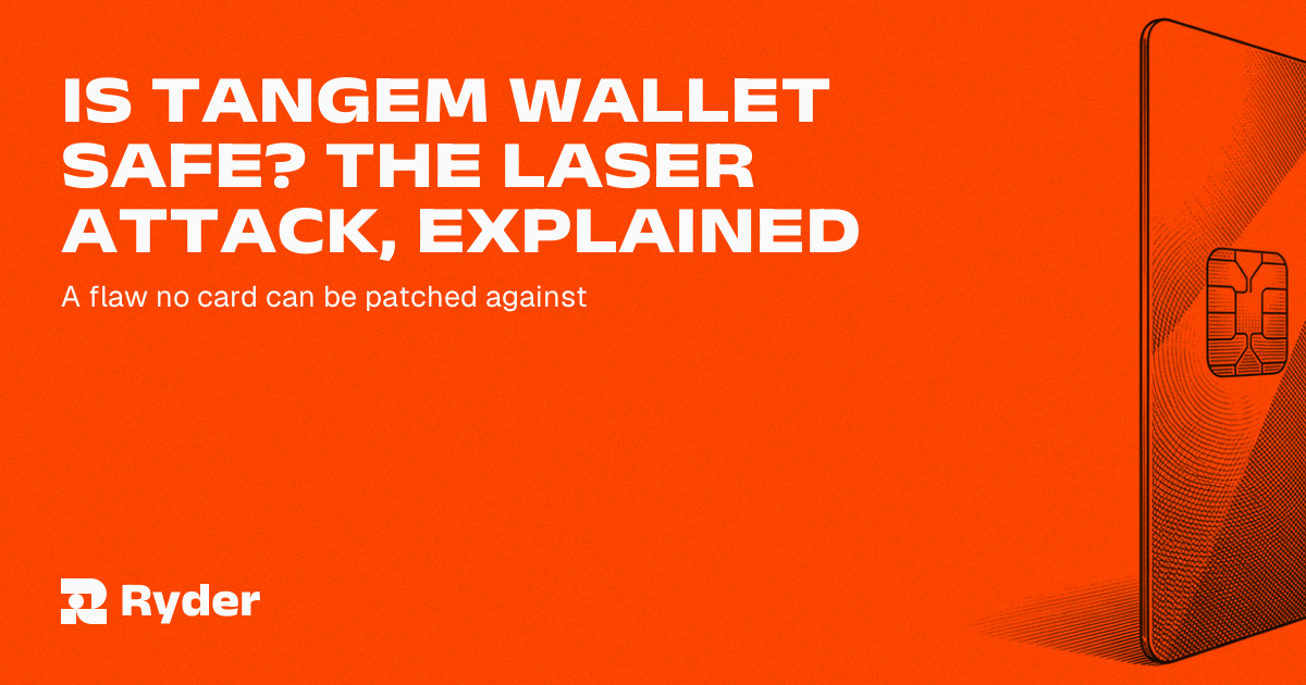 A plastic wallet card under a fine laser beam, beside a Ryder One and Recovery Tag