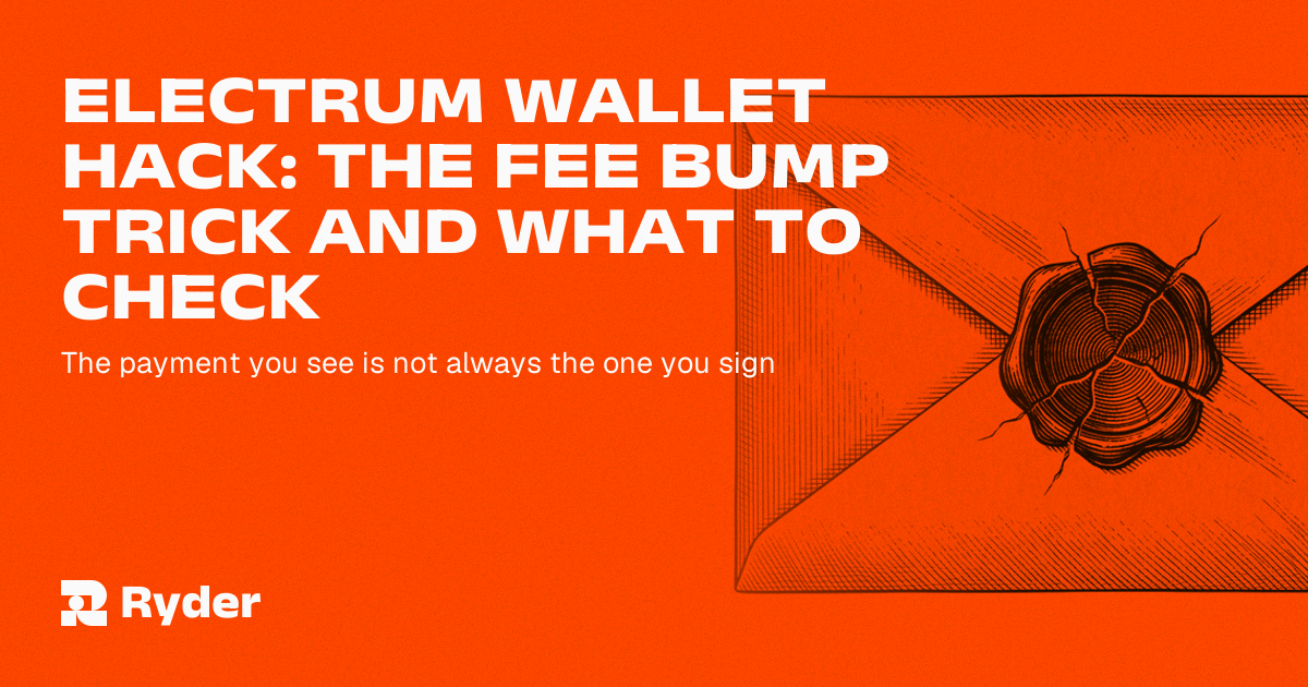 A laptop wallet window showing a pending Bitcoin payment beside a hardware signing device whose screen shows a different address, Ryder self-custody hardware wallet