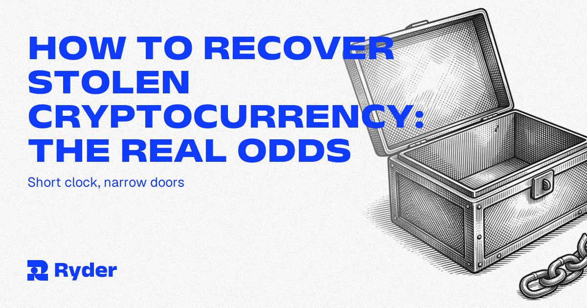 A transaction moving one way down a chain while three narrow side doors stand further along it — Ryder self-custody hardware wallet
