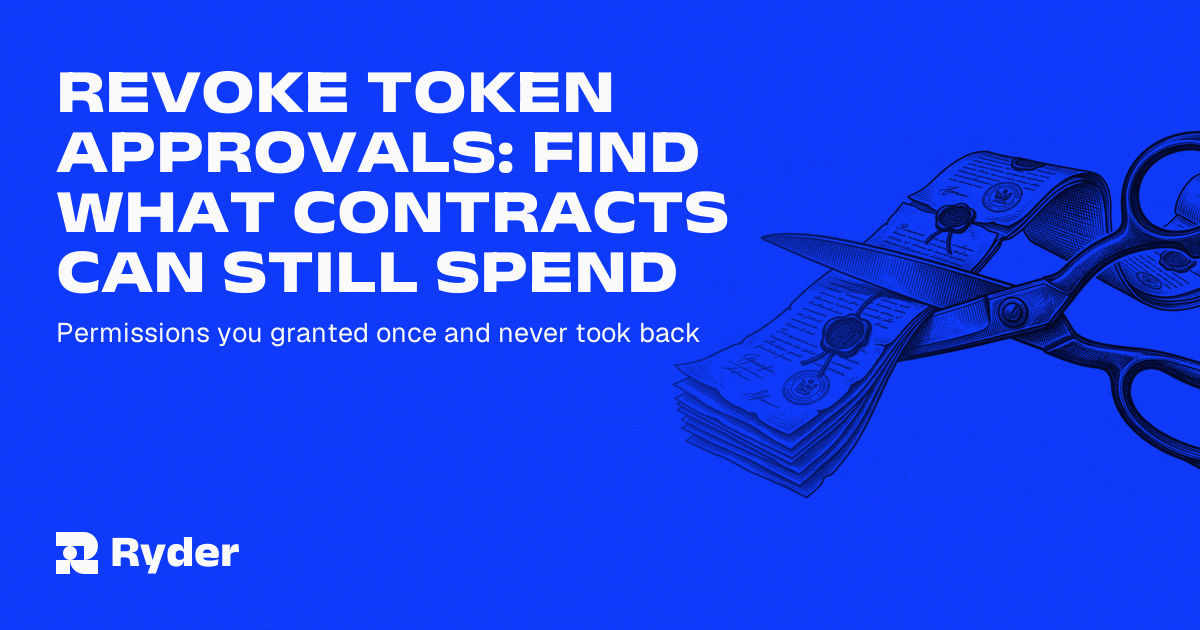 Ryder One hardware wallet displaying transaction detail on its AMOLED screen beside a laptop showing a list of token approvals — Ryder self-custody hardware wallet
