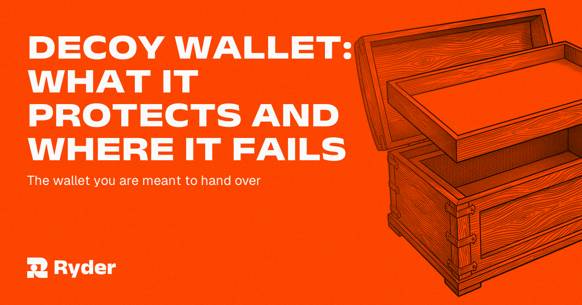 Two wallet balances shown side by side on a phone, one small and visible, the other hidden behind a passphrase prompt, suggesting a decoy arrangement