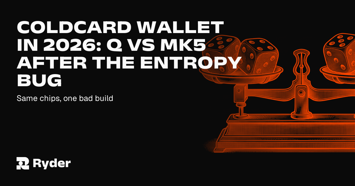 Two Bitcoin-only signing devices side by side, one with a full keyboard and colour screen and one with a numeric keypad, with a dotted line tracing a seed being regenerated and moved to a new wallet — Ryder self-custody hardware wallet