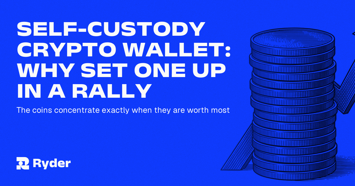 Ryder One self-custody hardware wallet and Recovery Tag beside a phone showing a rising bitcoin price chart
