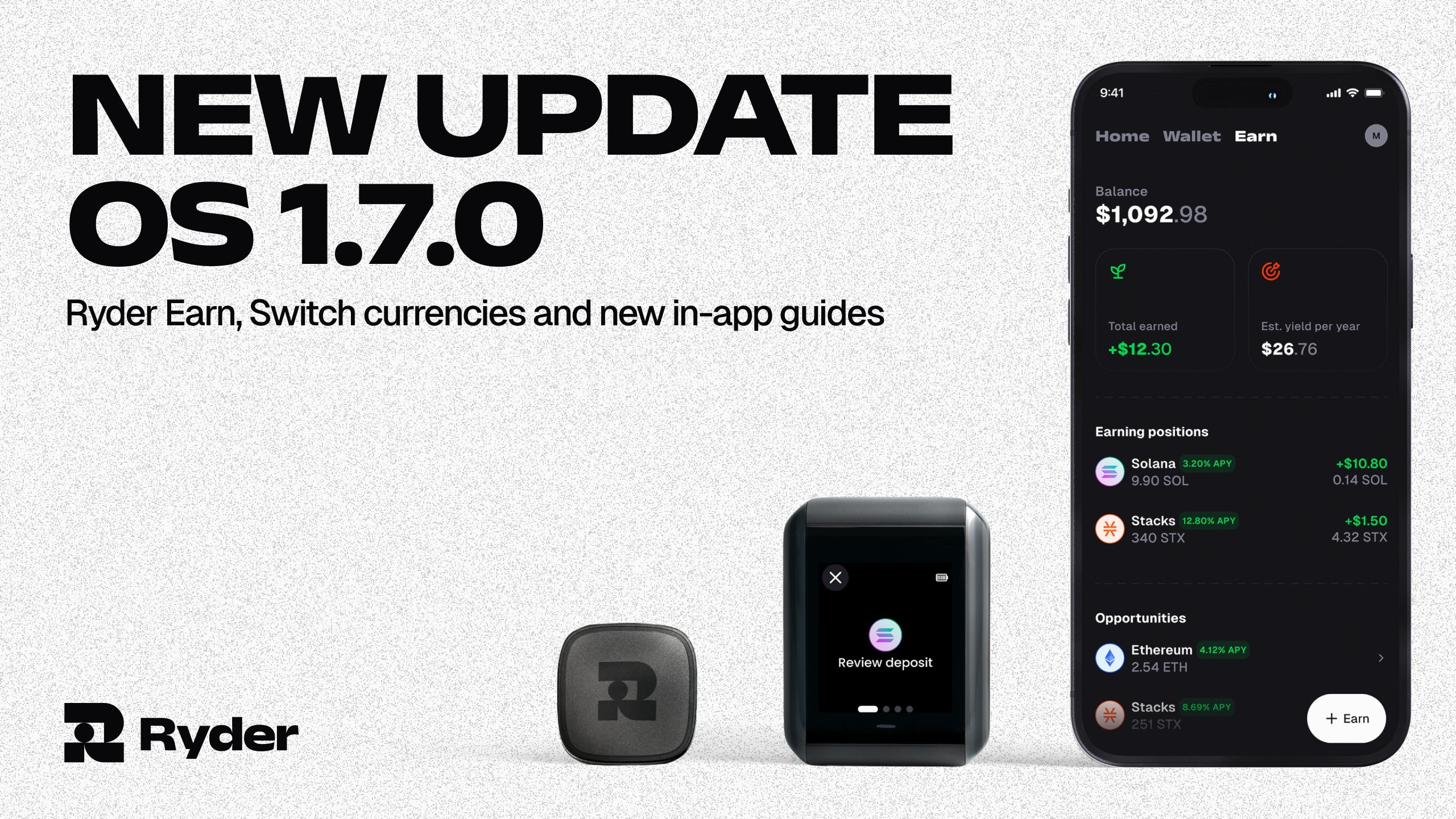 Ryder OS 1.7.0: Ryder Earn, Switch currencies and new in-app guides