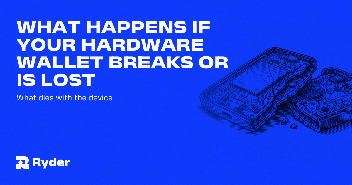 A cracked signing device beside an intact recovery tag and a phone — Ryder self-custody hardware wallet