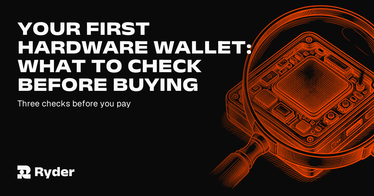 Three checks lined up in front of an unopened hardware wallet box — Ryder self-custody hardware wallet