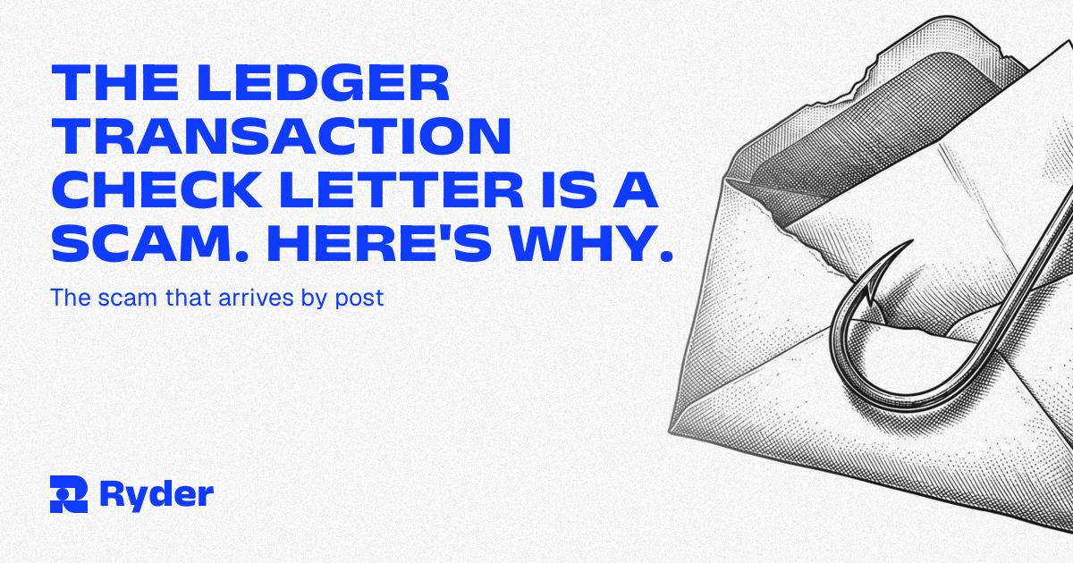An opened envelope and a printed letter bearing a QR code lying on a table beside a Ryder One and Recovery Tag