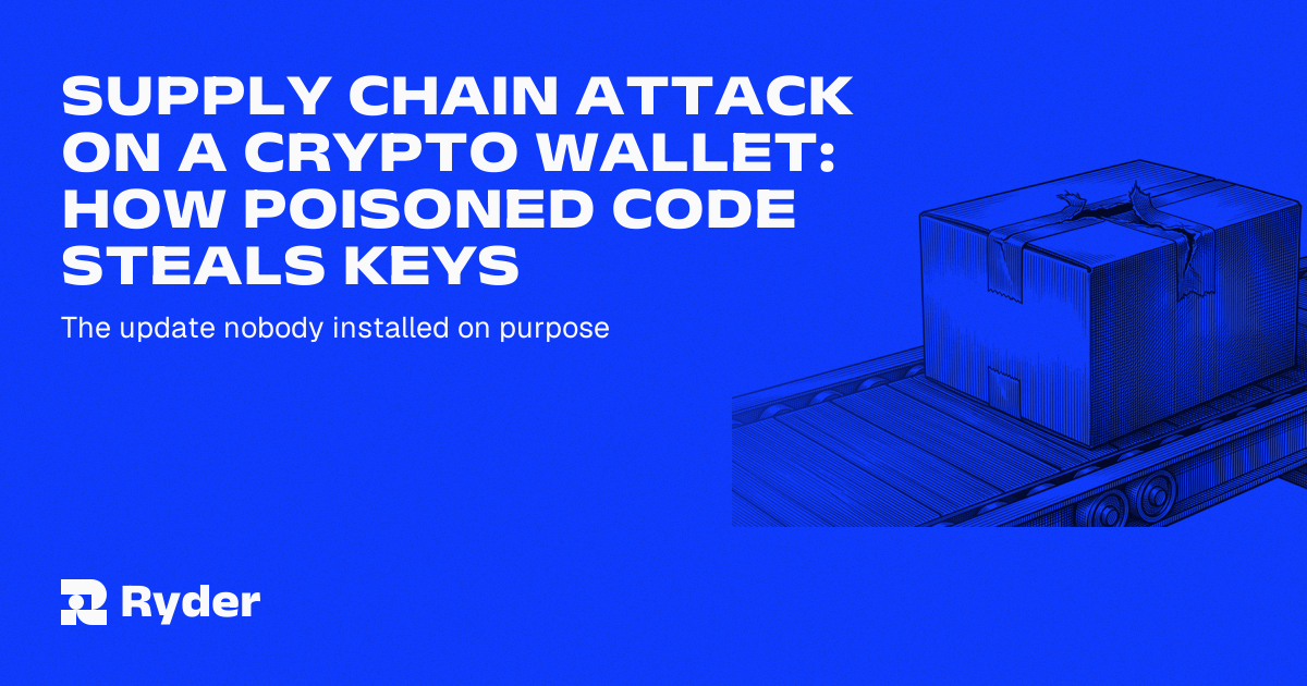 Ryder One hardware wallet beside a laptop showing a package dependency tree
