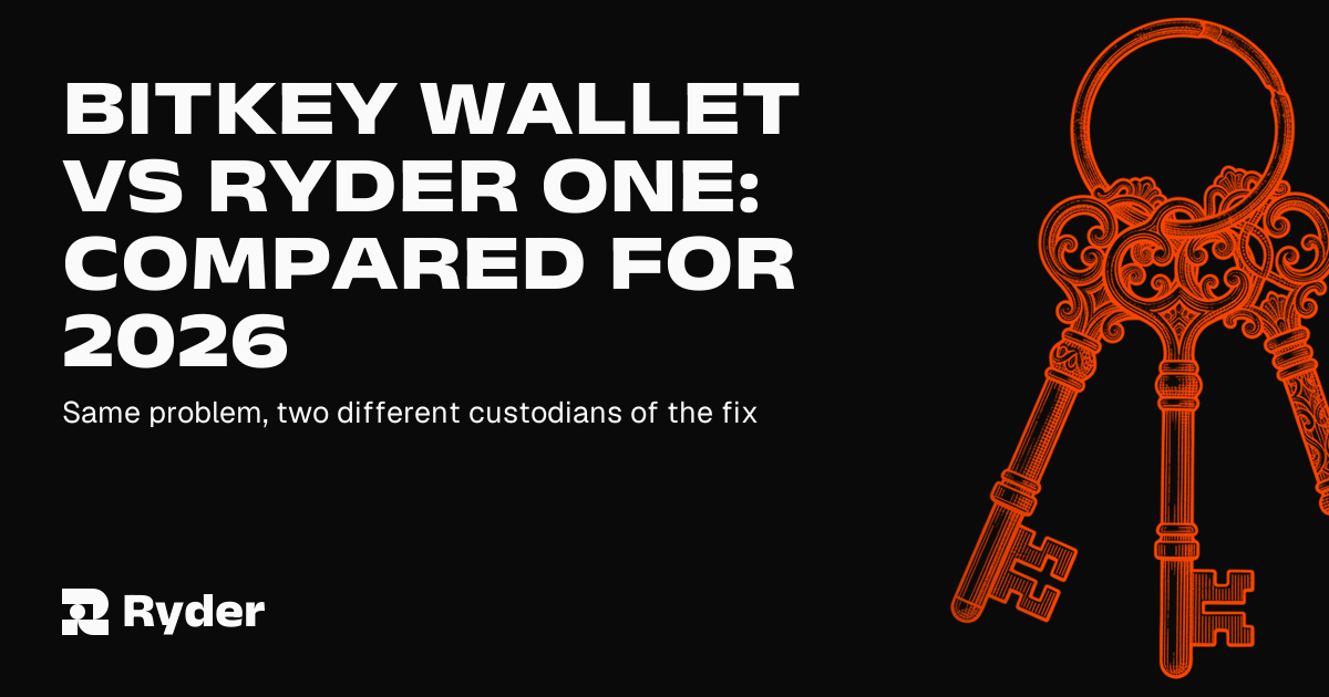 Ryder One self-custody hardware wallet and Recovery Tag shown beside a Bitkey bitcoin hardware wallet