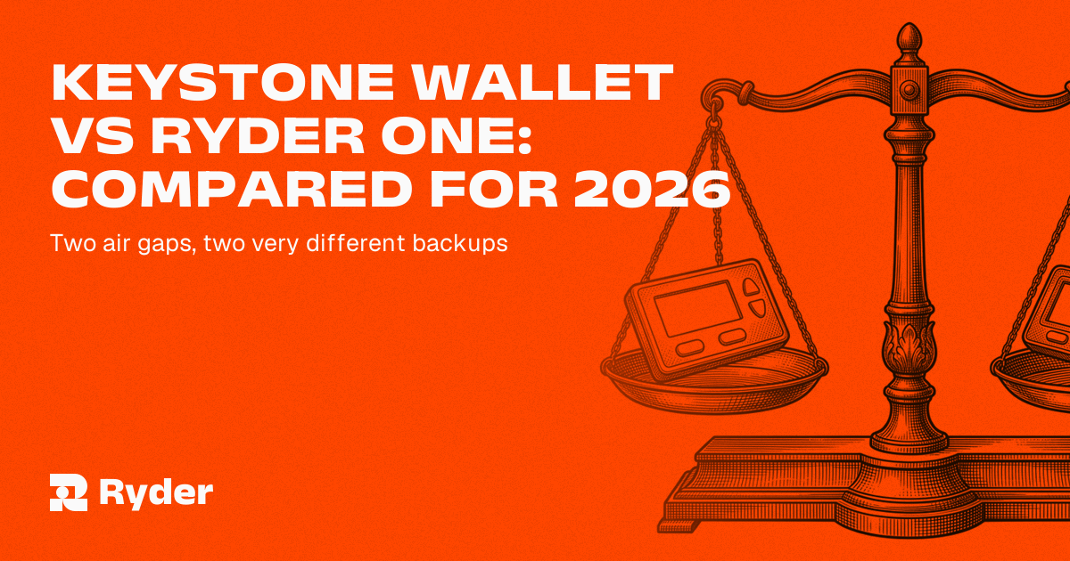 Ryder One self-custody hardware wallet and Recovery Tag shown beside a Keystone 3 Pro air-gapped hardware wallet