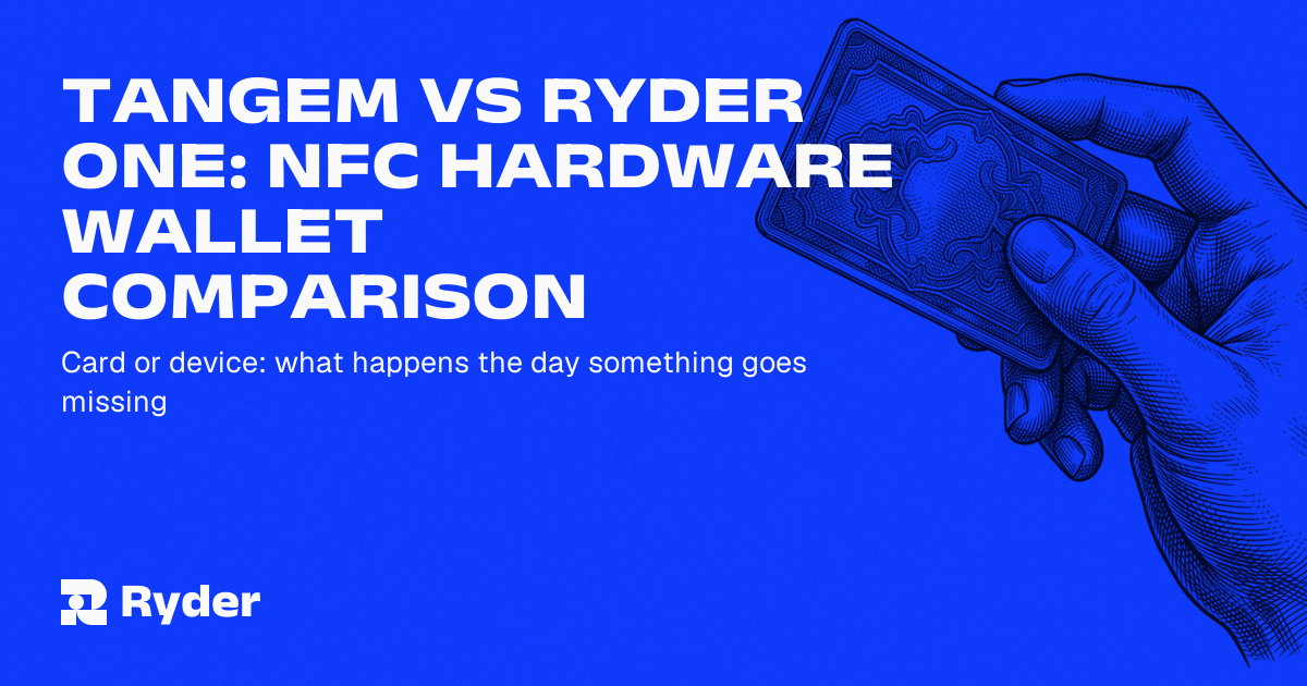Ryder One self-custody hardware wallet with touchscreen shown next to a Tangem wallet card