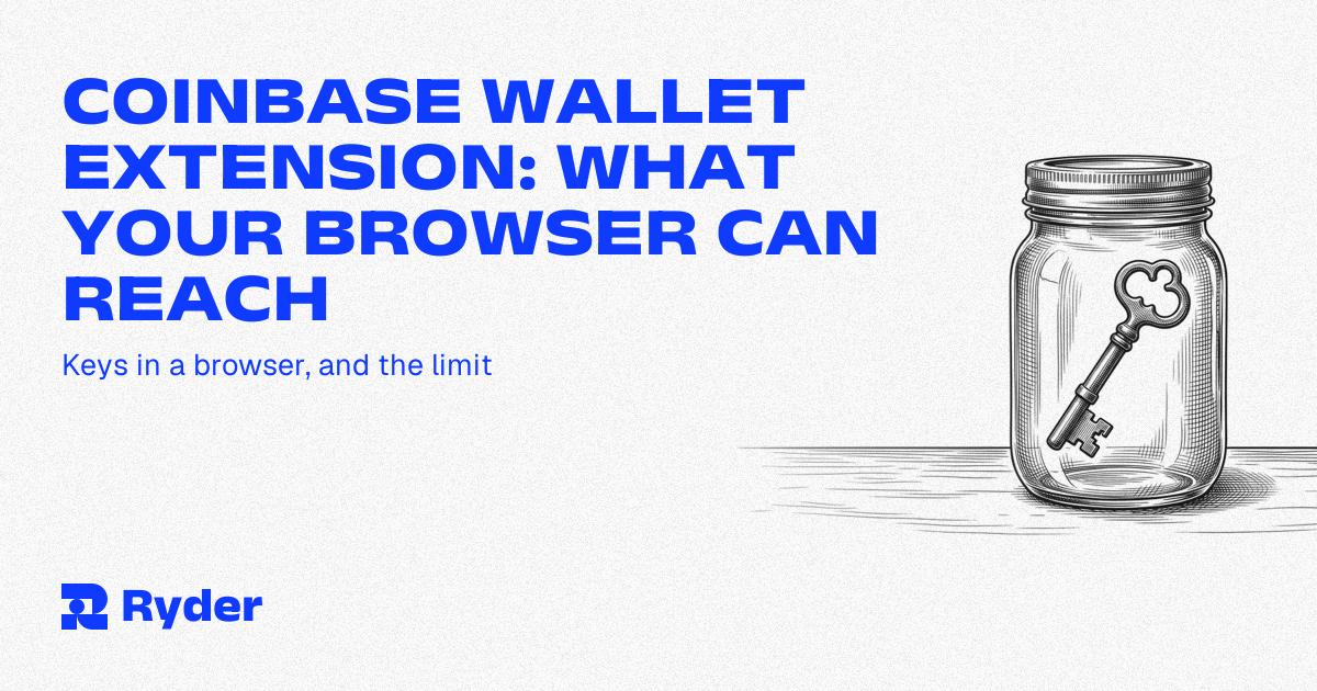 A browser window with a key icon inside it, surrounded by open tabs and notifications, next to a sealed device holding a key apart from all of it — Ryder self-custody hardware wallet
