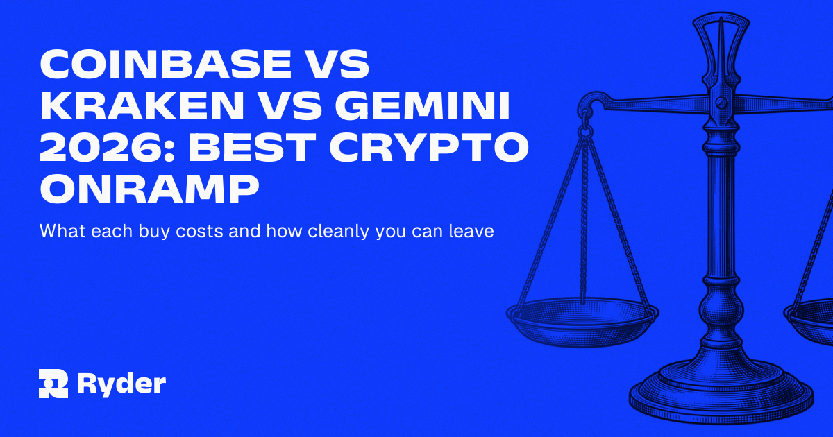 Ryder One self-custody hardware wallet beside a phone showing a crypto exchange buy screen