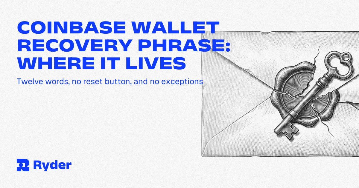 Ryder One self-custody hardware wallet and Recovery Tag beside a phone showing a wallet backup screen