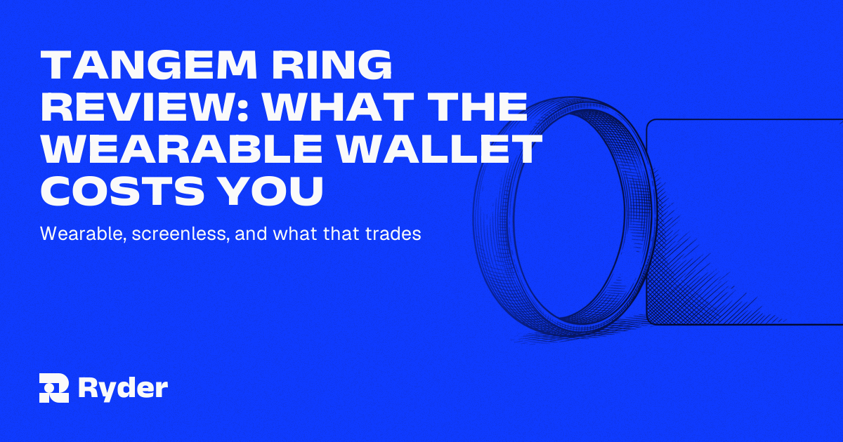 A ceramic ring hardware wallet and a Ryder One with its screen lit, side by side on a dark surface
