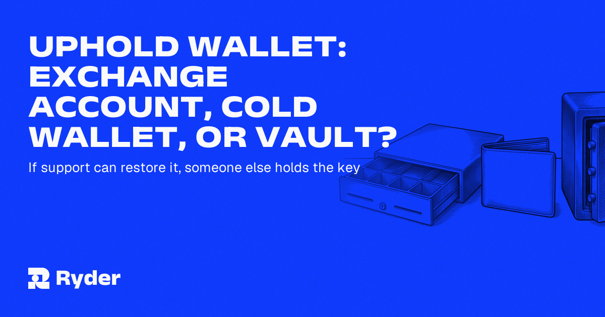 Ryder One hardware wallet and Recovery Tag beside a phone showing a multi-asset trading account