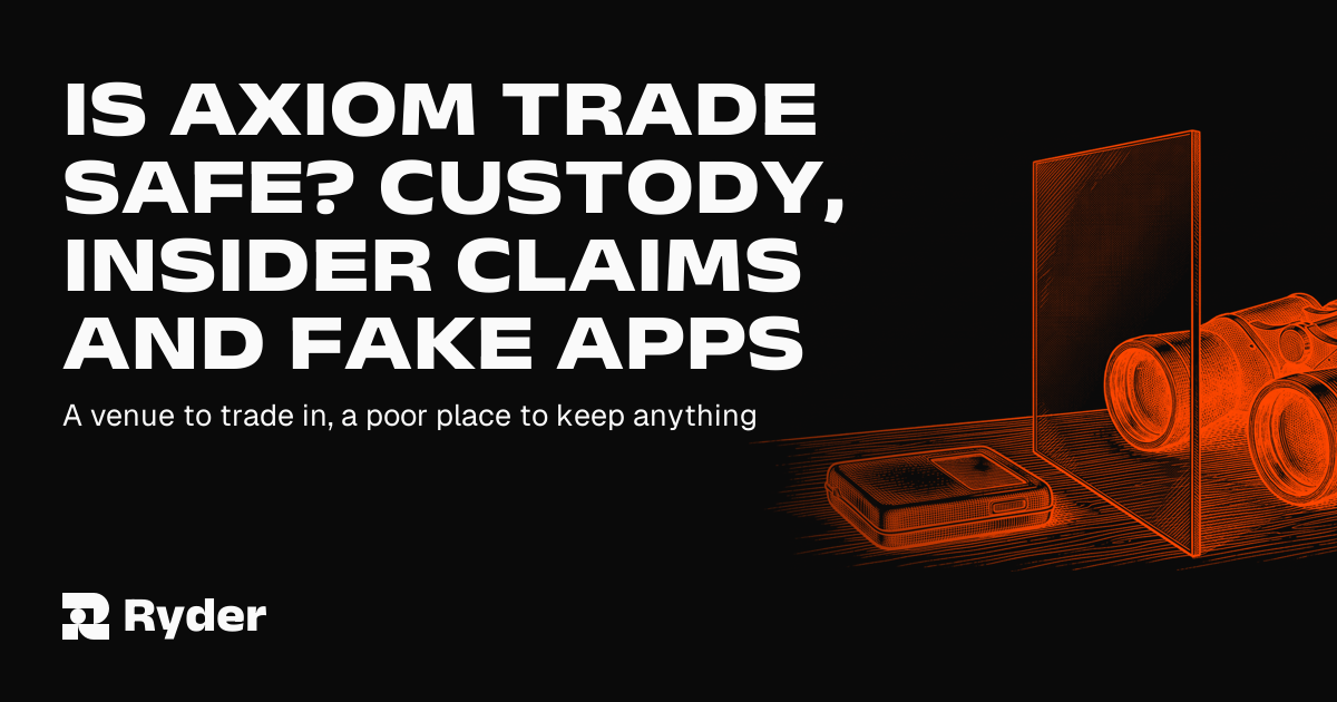 Ryder One hardware wallet and Recovery Tag beside a laptop showing a Solana trading terminal