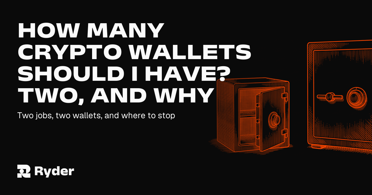 Ryder One hardware wallet resting beside a phone showing a small hot-wallet balance, the two devices separated on a desk to suggest divided roles