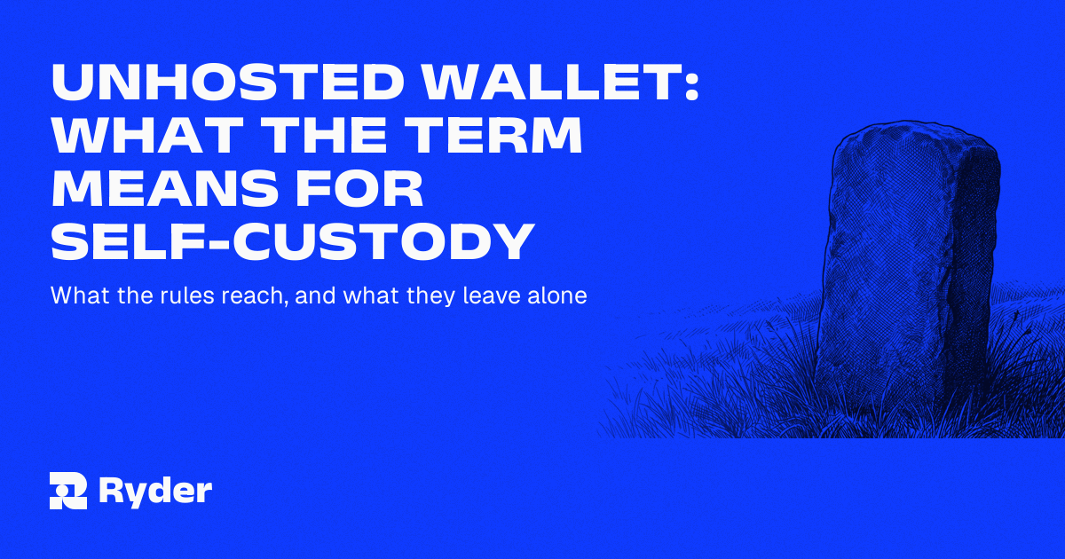 A self-custody wallet on one side of a boundary line and a licensed exchange on the other, with a verification request crossing between them