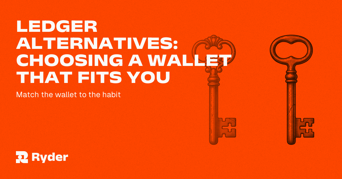 Four connection types fanned out as routes away from a single cabled device — Ryder self-custody hardware wallet