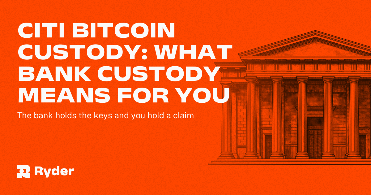 Ryder One self-custody hardware wallet and Recovery Tag beside a marble bank facade