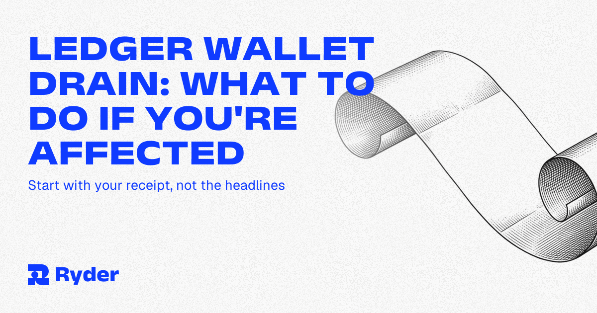 Ryder One self-custody hardware wallet and Recovery Tag beside a phone showing a wallet transaction history