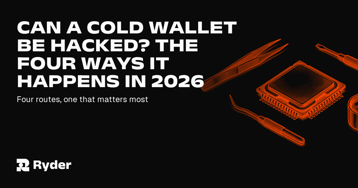 Ryder One hardware wallet and Recovery Tag on a workbench beside four small tools